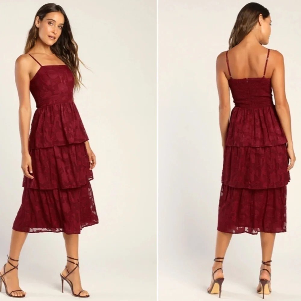 LULUS Prom Wedding Flowy Sexy FLoral Boho Tiered Ruffles Bustier Midi Dress - Picture 1 of 4